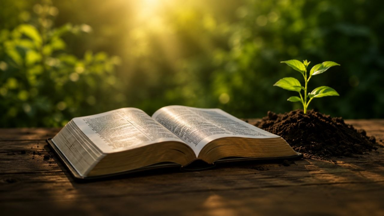 An open Bible beside a young sprout
